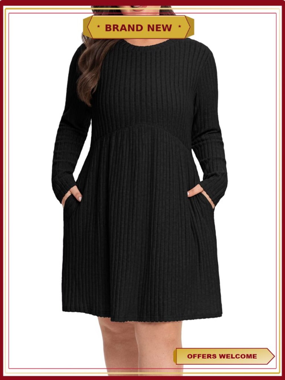 Plus Size Ribbed Knit Long Sleeve Empire Waist A-Line Dress Pockets